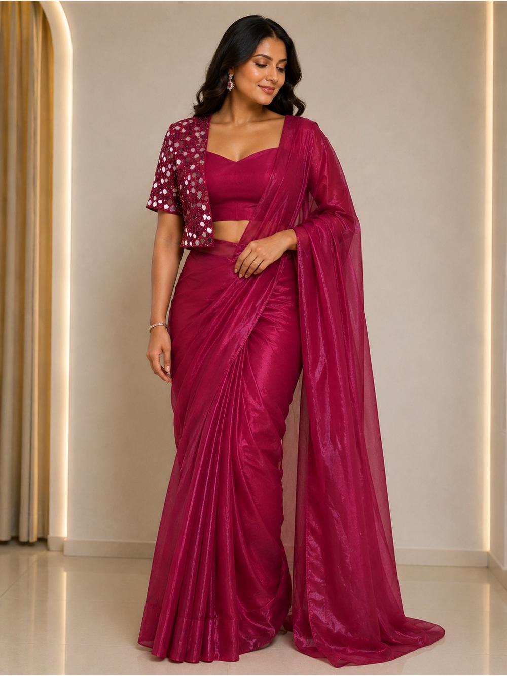 Pink Pre Pleated Sequin Saree